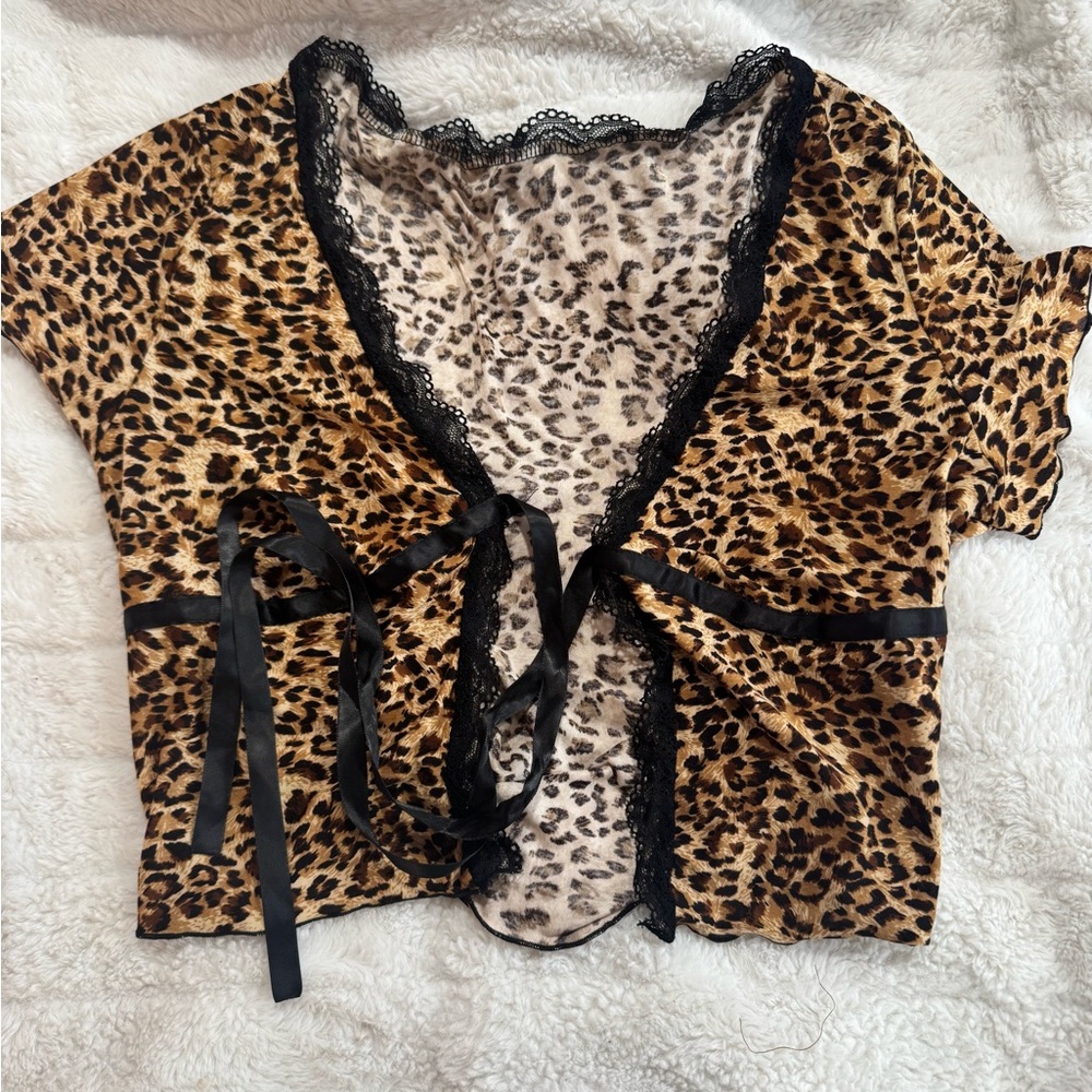 SHEIN Leopard Print Blouse with Black Lace Trim